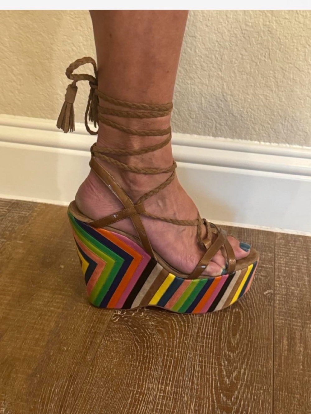 Jimmy Choo rare Brown Strappy Wedge Sandals with Multicolor Stripe Platform
